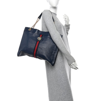 GUCCI Calfskin Web Large Rajah Chain Tote Blue