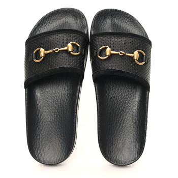 GUCCI Suede Perforated Horsebit Slide Sandals 36 Black