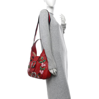 GUCCI Calfskin Web Embroidered Medium Dionysus Hobo Hibiscus Red