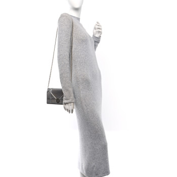 CHRISTIAN DIOR Metallic Patent Micro-Cannage Diorama Wallet on Chain Pouch Silver