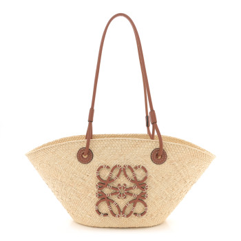 LOEWE Calfskin Raffia Paulas Ibiza Small Anagram Basket Tote Bag Natural Tan