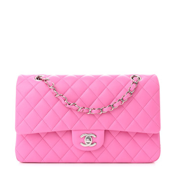 CHANEL Lambskin Quilted Medium Double Flap Neon Pink