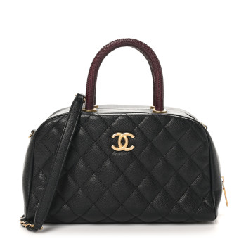 CHANEL Caviar Lizard Quilted Coco Handle Bowler Black