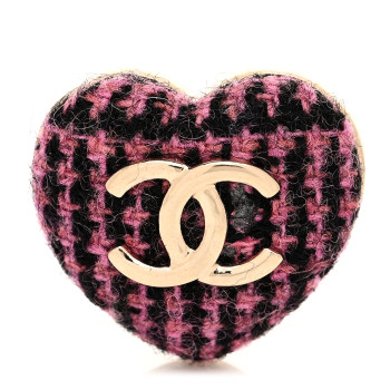 CHANEL Tweed CC Heart Brooch Pink Black Gold