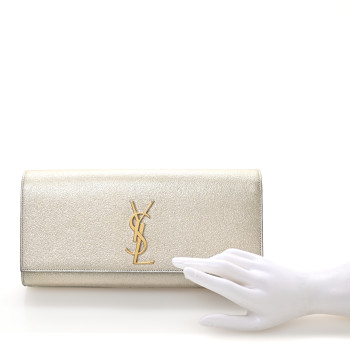 SAINT LAURENT Metallic Textured Calfskin Classic Monogram Cassandre Clutch Pale Gold