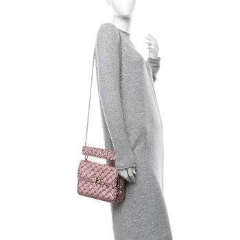 VALENTINO GARAVANI Metallic Wrinkled Lambskin Medium Rockstud Spike Shoulder Bag Lipstick