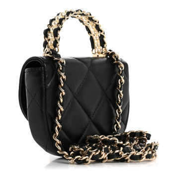 CHANEL Lambskin Quilted Pearl Top Handle Clutch With Chain Black