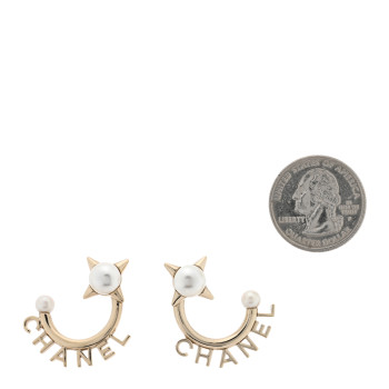 CHANEL Pearl Logo Earrings Gold