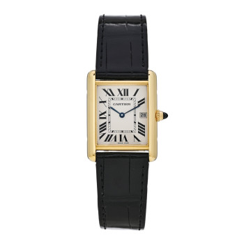 CARTIER 18K Yellow Gold Alligator 26mm Tank Louis Quartz Watch