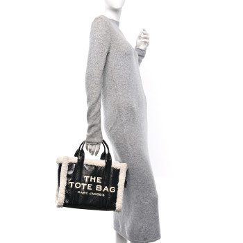 MARC JACOBS Shiny Calfskin Faux Shearling Small The Traveler Tote Bag Black