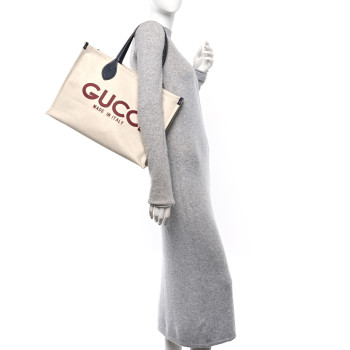 GUCCI Canvas Calfskin Logo Print Large Tote Bag Navy Multicolor