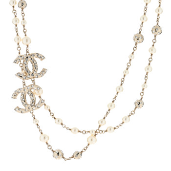 CHANEL Pearl Crystal CC Long Necklace Gold Pearly White