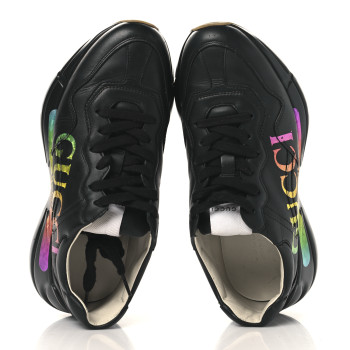 GUCCI Calfskin Iridescent Logo Womens Rhyton Sneakers 38 Black