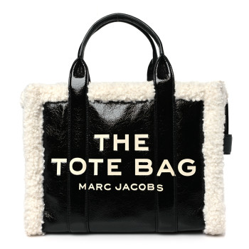 MARC JACOBS Shiny Calfskin Faux Shearling Small The Traveler Tote Bag Black