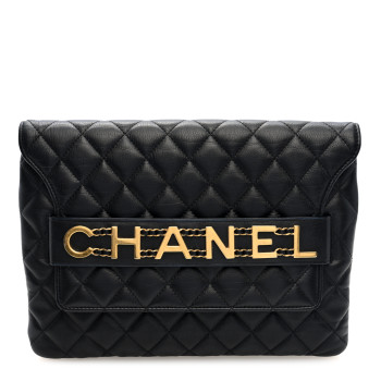 CHANEL Calfskin Quilted Front Logo Enchained Clutch Black