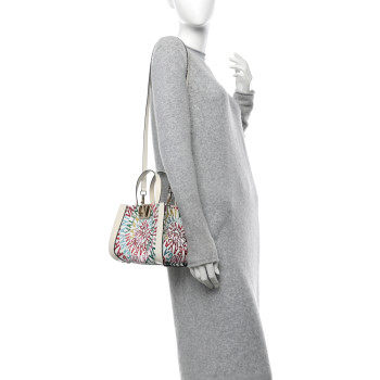 VALENTINO GARAVANI Canvas Calfskin Crystal Small Vlogo Signature Tote White Multicolor