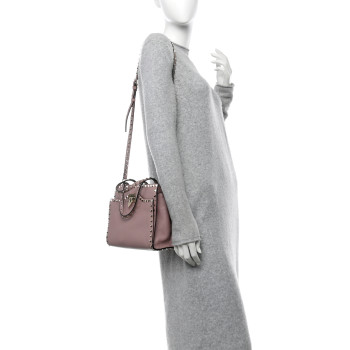 VALENTINO GARAVANI Grained Calfskin Rockstud Flip Lock Tote Lipstick
