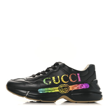 GUCCI Calfskin Iridescent Logo Womens Rhyton Sneakers 38 Black