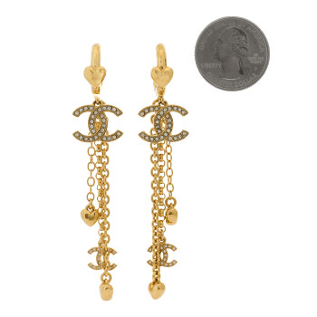 CHANEL Metal Crystal CC Drop Heart Chain Earrings Gold