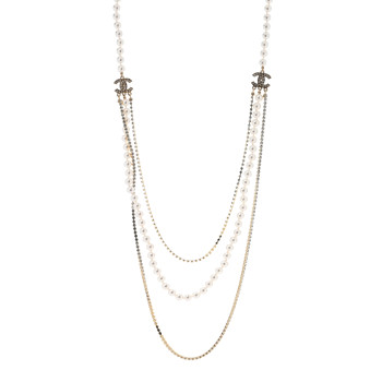 CHANEL Pearl Crystal Multi Strand CC Long Necklace  Gold