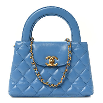 CHANEL Shiny Aged Calfskin Quilted Nano Kelly Shopper Blue