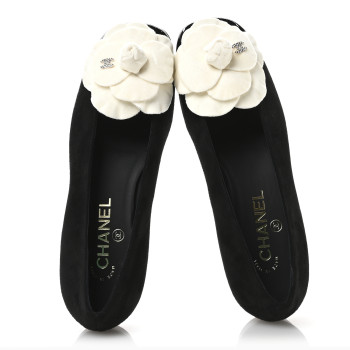 CHANEL Suede Patent Cap Toe Camellia Ballerina Flats 37 Black White