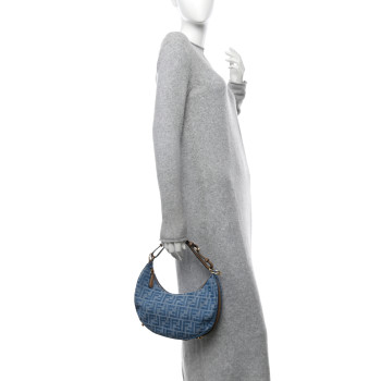 FENDI Denim Vitello Grace Mirror Logo Small Fendigraphy Hobo Bag Denim Sand