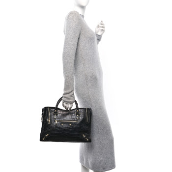 BALENCIAGA Calfskin Crocodile Embossed Giant 12 Gold Hardware City Black