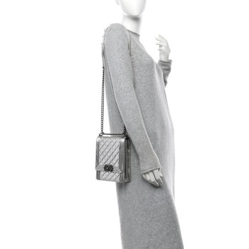CHANEL Metallic Goatskin Quilted North South Boy Flap Silver