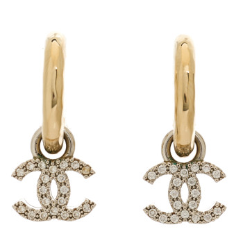 CHANEL Metal Crystal Studded CC Hoop Drop Earrings Gold