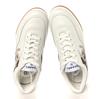 CHANEL Calfskin Patent Womens CC Sneakers 41 White Burgundy Beige