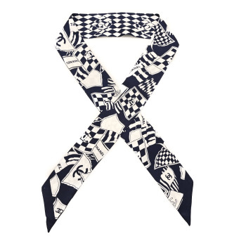 CHANEL Silk CC Slim Bandeau Scarf Navy Blue White