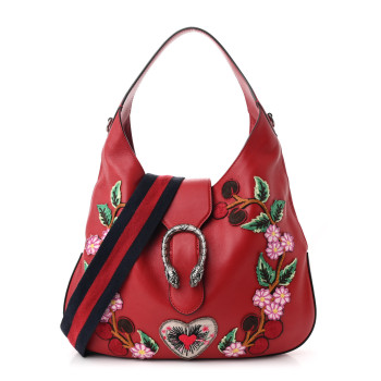 GUCCI Calfskin Web Embroidered Medium Dionysus Hobo Hibiscus Red