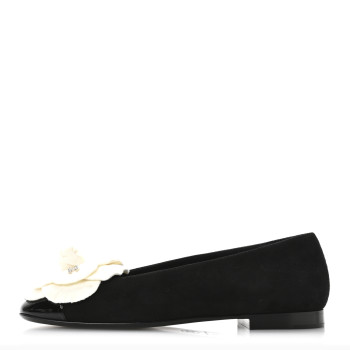 CHANEL Suede Patent Cap Toe Camellia Ballerina Flats 37 Black White