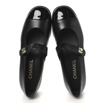 CHANEL Calfskin Patent Mary Janes Flats 39 Black
