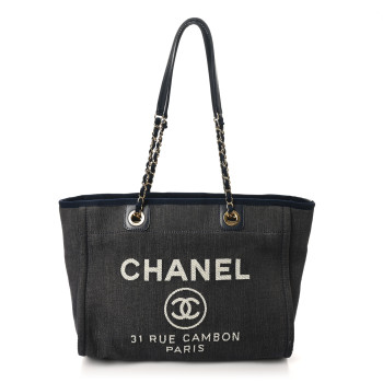 CHANEL Lurex Canvas Small Deauville Tote Navy Blue Gold