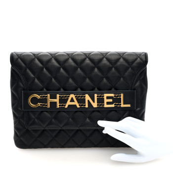 CHANEL Calfskin Quilted Front Logo Enchained Clutch Black