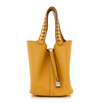 HERMES Epsom Tressage De Cuir Picotin Lock 22 MM Jaune Ambre Brique White