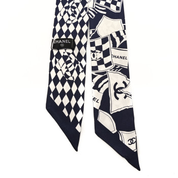 CHANEL Silk CC Slim Bandeau Scarf Navy Blue White