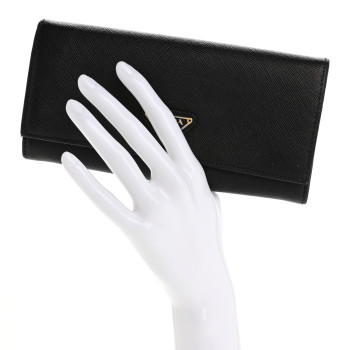 PRADA Saffiano Triangle Logo Continental Flap Travel Wallet Black
