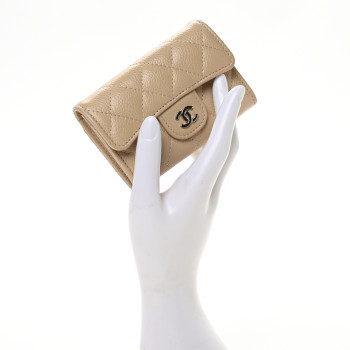 CHANEL Caviar Quilted Flap Card Holder Wallet Beige