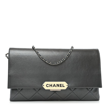 CHANEL Metallic Lambskin Quilted Retro Label Clutch Charcoal Grey