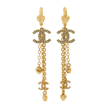 CHANEL Metal Crystal CC Drop Heart Chain Earrings Gold