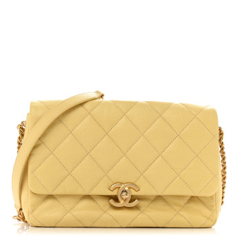 CHANEL Shiny Caviar Quilted Large Chain Melody Flap Yellow