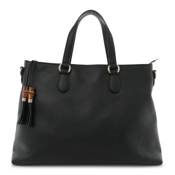 GUCCI Pebbled Calfskin Convertible Bamboo Tassel Tote Black