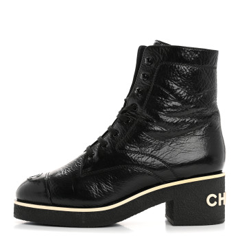 CHANEL Shiny Crumpled Lambskin Lace Up Combat Boots 42 Black