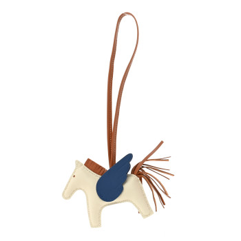 HERMES Milo Lambskin Grigri Rodeo Pegase Horse Bag Charm PM Craie Gold Bleu Tie