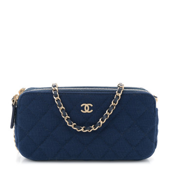 CHANEL Jersey Quilted Small Clutch With Chain Navy