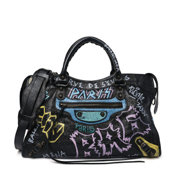 BALENCIAGA Agneau Graffiti All Over Classic Hardware City Black Multicolor