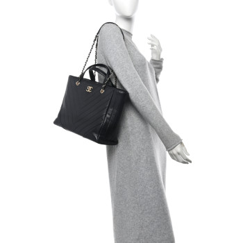 CHANEL Calfskin Chevron Quilted Statement Shopping Tote Black